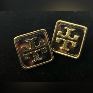 Tory Burch Gold Logo Square Studs with Tortoiseshell Inlay